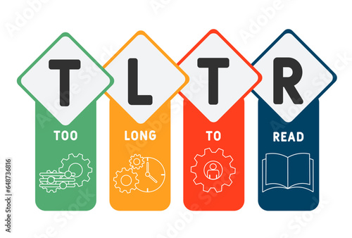 TLTR too long to read acronym. business concept background.  vector illustration concept with keywords and icons. lettering illustration with icons for web banner, flyer, landing