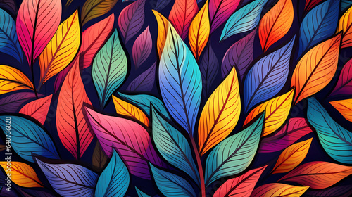 Hand drawn cartoon beautiful colorful gradient plant leaves background pattern 