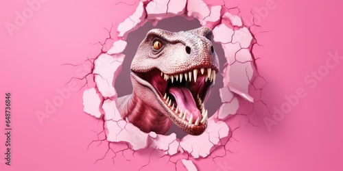 Cute T-Rex peeking out of a hole in wall, torn hole, empty copy space frame, mockup. Generative AI image weber. © Summit Art Creations