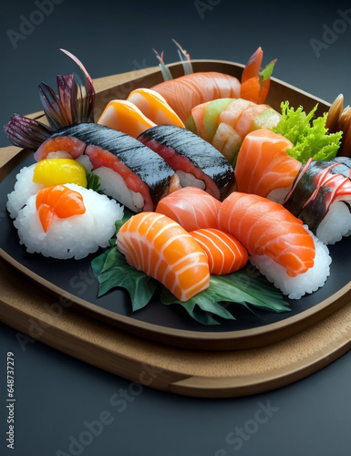 Sushi platter, fresh seafood, colorful presentation, Japanese cuisine, realistic, 1080p --ar 4:3
