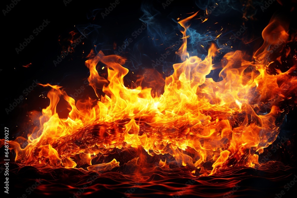 Burning fire close up bright orange and red flames on a dark background, Abstract blaze fire flame texture background.