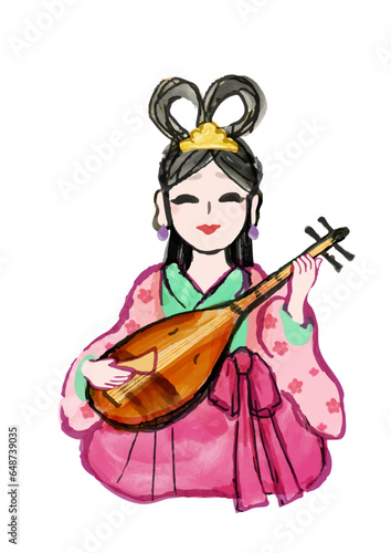 七福神の弁財天の手描き和風イラスト
