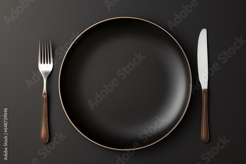Empty plate, knife and fork on the table. View from above