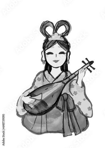 七福神の弁財天の手描き和風イラスト