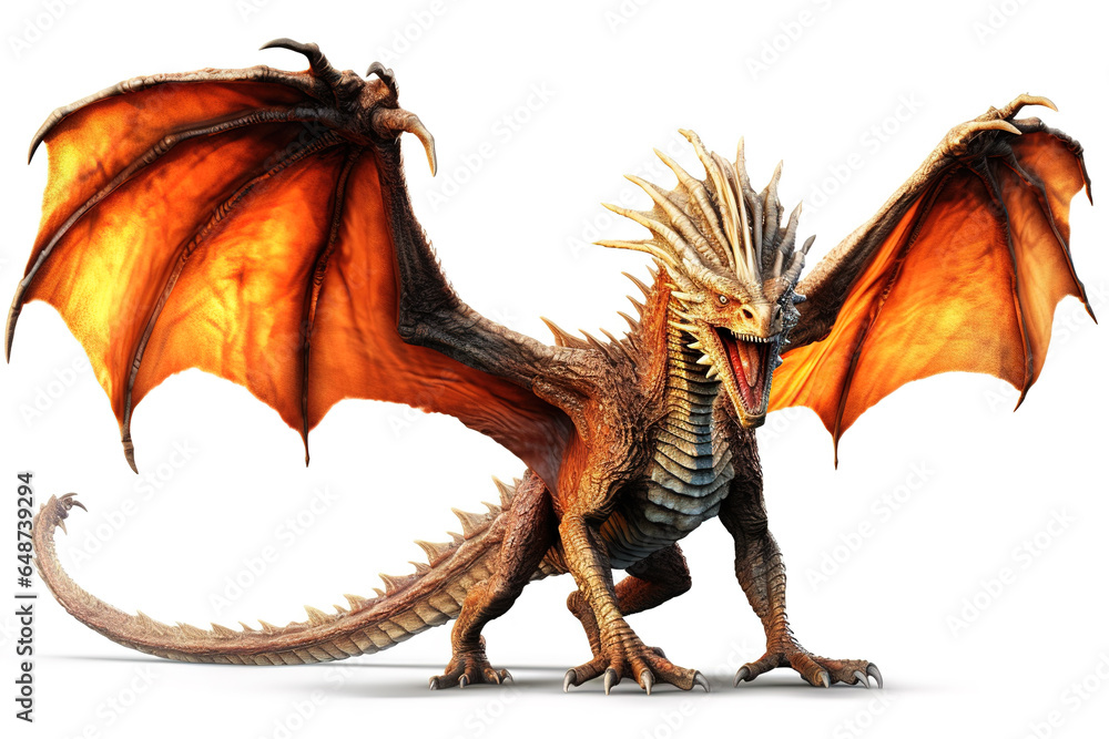 Obraz premium Image of a dragon with spread wings in flight on a white background. Mythical creatures. Illustration, Generative AI.