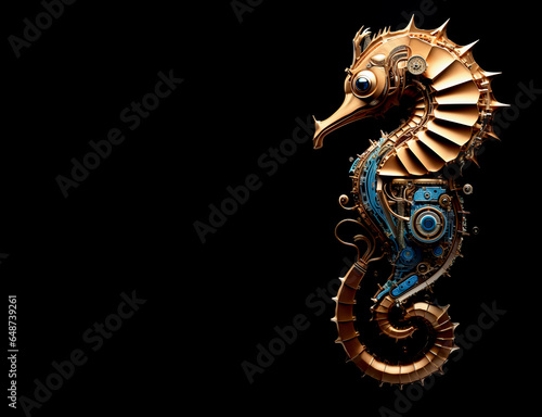 A seahorse made of electronic machinery on a black background. Undersea animals. illustration. Generative AI.