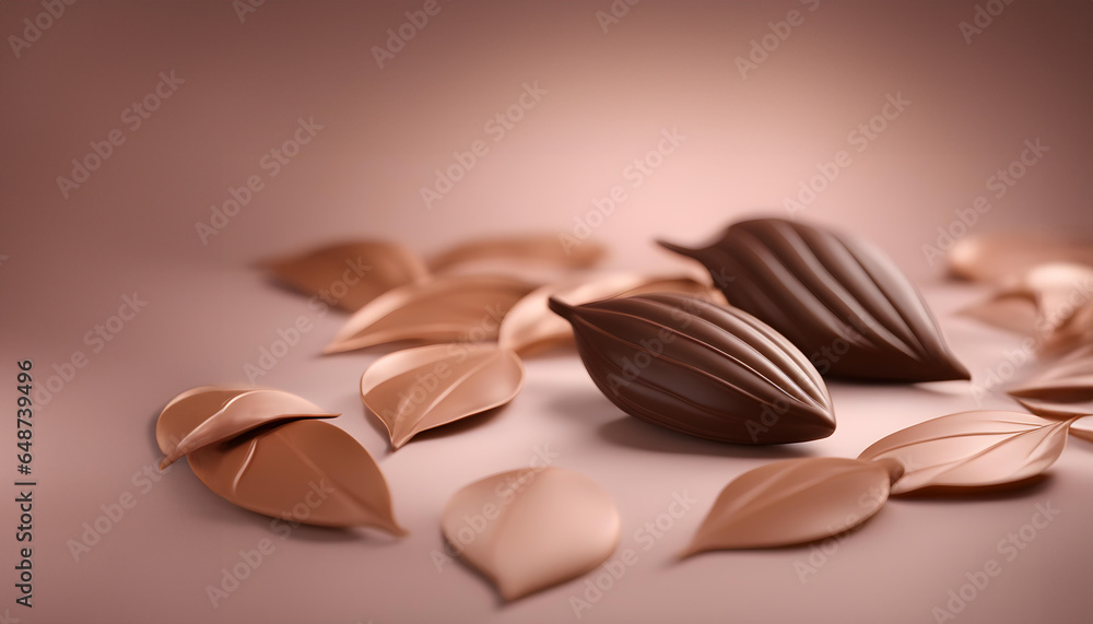 Fototapeta premium Chocolate leaves on brown background. Close-up elegant decadent composition. Gorumet fall chocolat aesthetic background with copy space