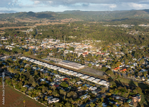 Temporary Residential portable housing,white buildings ,in The New South Wales town of  Mullumbimby afrer server flooding. photo