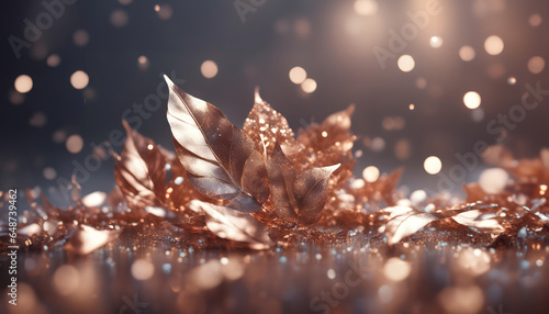 Metal rose gold leaves, bokeh background, copy space. Metalic fashion backdrop