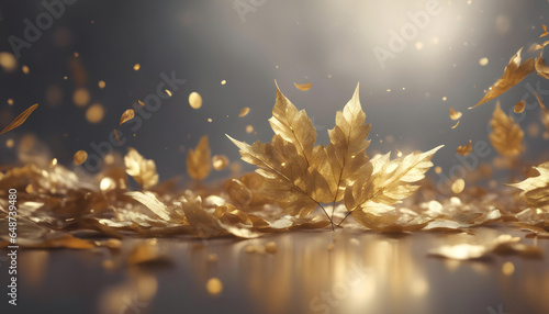 Festive autumn background. Wallpaper decorated with yellow leaves and glowing lights. Empty , dark grey background copy space
