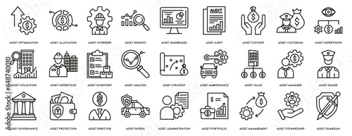 Asset management icon set. Contains such icons as audit, investment, business, stability and more, can be used for web