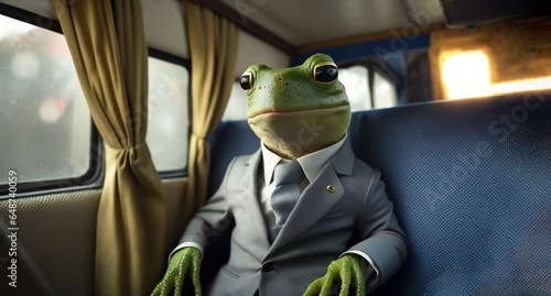 Whimsical Commute: Dapper Frog In A Suit, on a Train Adventure Sitting By The Window. 