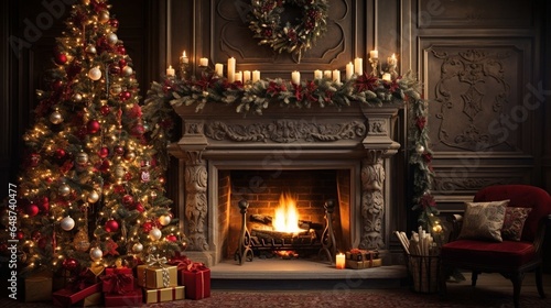 Christmas scene background wallpaper, Beautiful Christmas tree inside home, Christmas tree near fireplace, Generative Ai