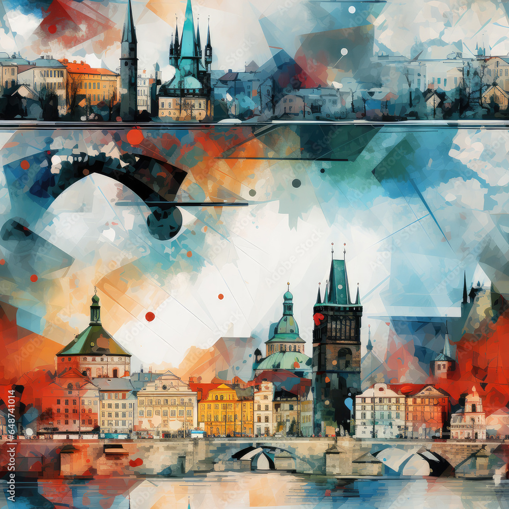 European Czech Prague travel art collage repeat pattern - obrazy, fototapety, plakaty 