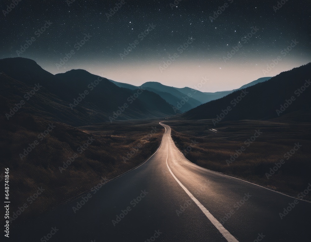 A nocturnal journey on a winding road, capturing the contrast between the dark mountains and the starry sky, and the light of a car that guides the way.