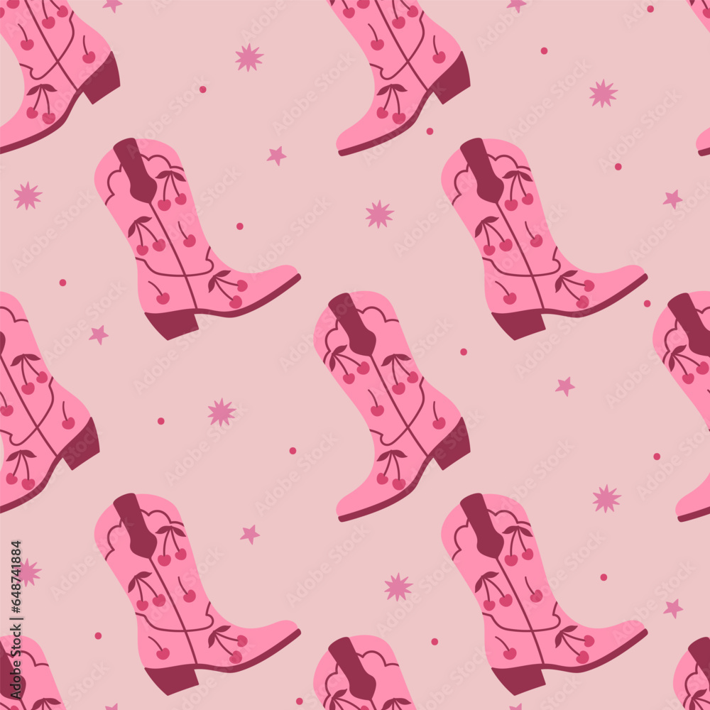Trendy pink seamless pattern with cowboy boots. Vector graphics.