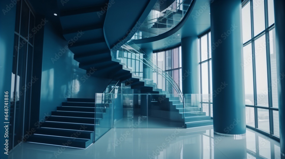 Blue Staircase in a Modern Business Center A Striking Architectural Feature. Blue Staircase in a Modern Business Center A Striking Architectural Feature.