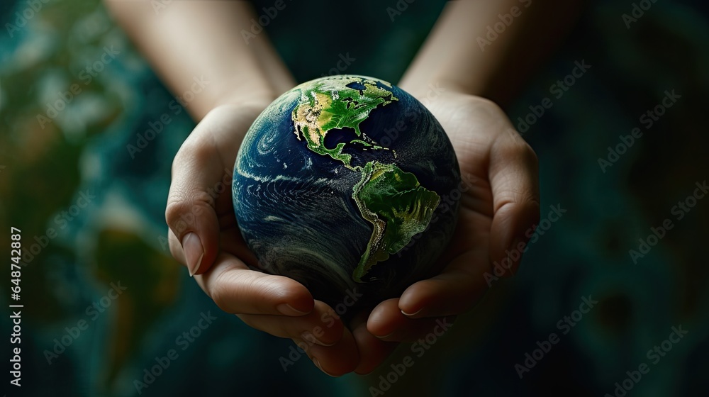 Hand holding a globe ball, growing trees and green nature blurred background. Ecological concept love the environment Hand holding a globe ball, growing trees and green nature blurred background. Ecological concept love the environment