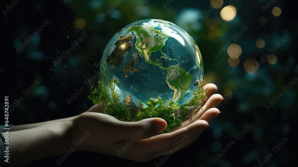 Hand holding a globe ball, growing trees and green nature blurred background. Ecological concept love the environment Hand holding a globe ball, growing trees and green nature blurred background. Ecological concept love the environment