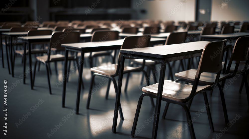 Empty Classroom of Tables, Chairs, and a Blackboard, with a Subtle Blurred Background. Empty Classroom of Tables, Chairs, and a Blackboard, with a Subtle Blurred Background.