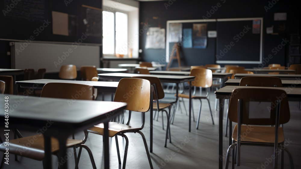Empty Classroom of Tables, Chairs, and a Blackboard, with a Subtle Blurred Background. Empty Classroom of Tables, Chairs, and a Blackboard, with a Subtle Blurred Background.