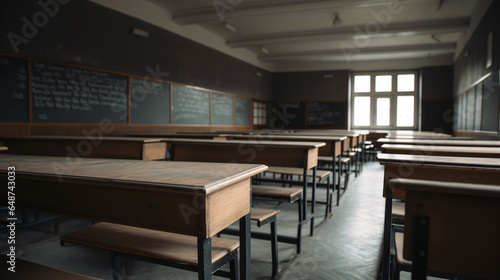 Empty Classroom of Tables, Chairs, and a Blackboard, with a Subtle Blurred Background.