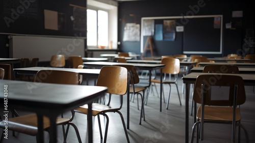 Empty Classroom of Tables, Chairs, and a Blackboard, with a Subtle Blurred Background.