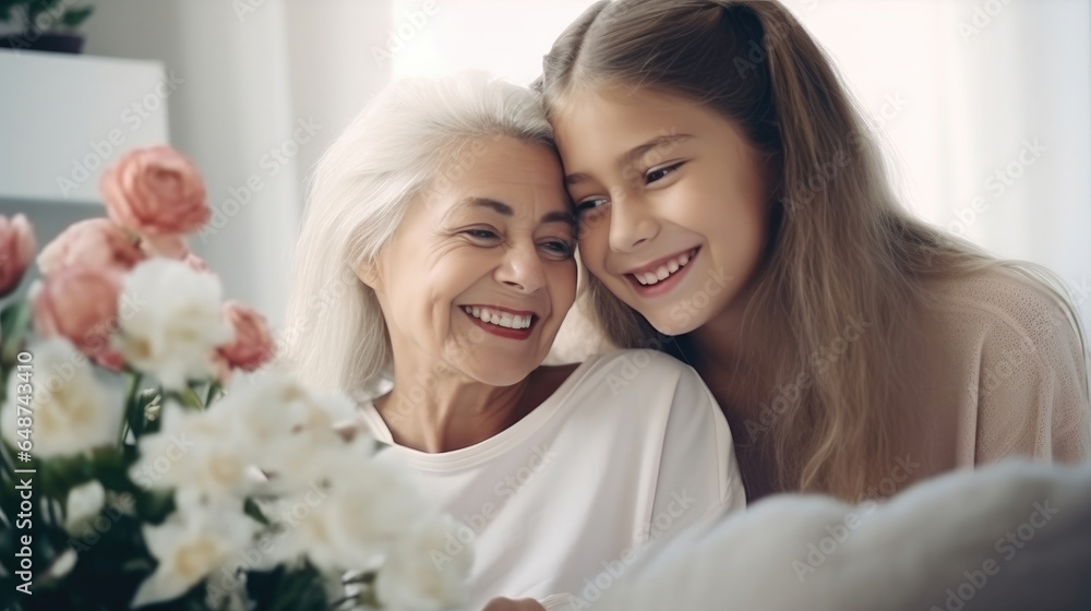 A nice girl and her grandmother enjoy sunny morning. Good time at home. A nice girl and her grandmother enjoy sunny morning. Good time at home.