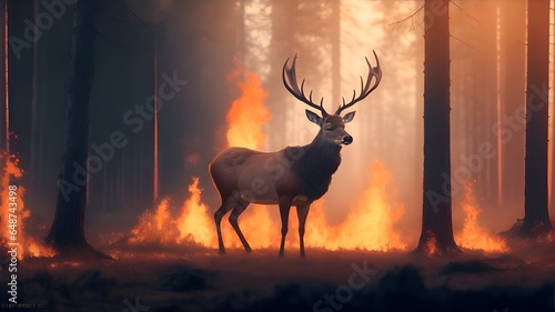 deer in the burning forest, burning habitat  © Ivyn