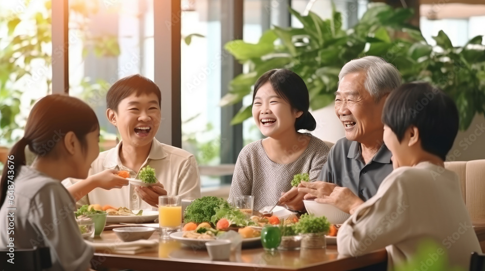 Big Asian happy family spend time having lunch on dinner table together. little kid daughter enjoy eating food with father, mother and grandparents. Multi-Generation relationship and activity in house