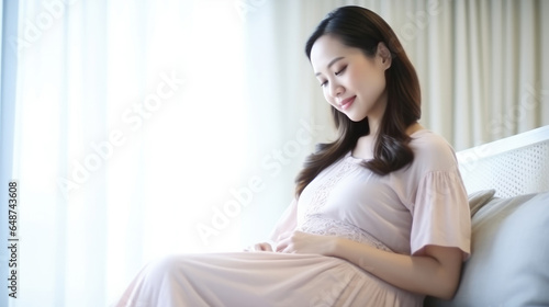 Beautiful Asian pregnant woman sit on bed and touching her belly
