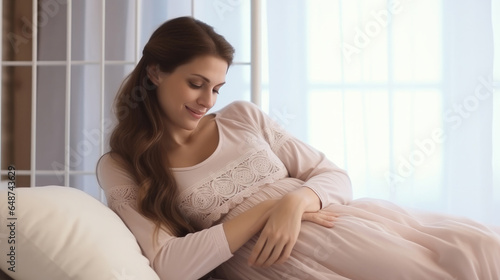 Beautiful pregnant woman sit on bed and touching her belly