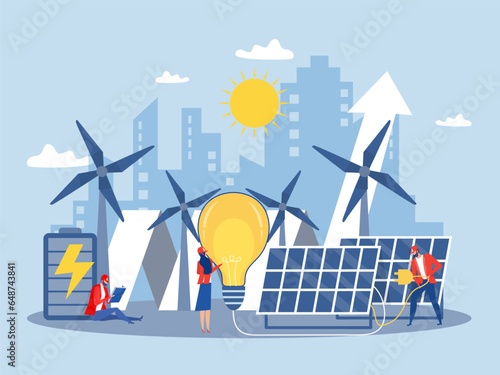 Clean energy concept.Renewable energy for better future Electricity from solar panels and windmills  Vector illustration in a flat style photo