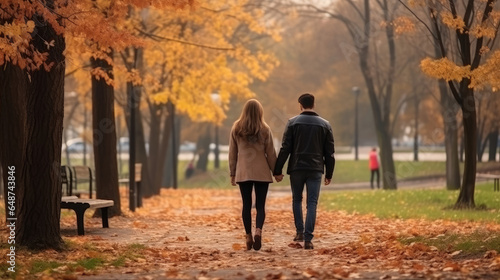 Couple in love holding hands on a walk in the park in autumn.