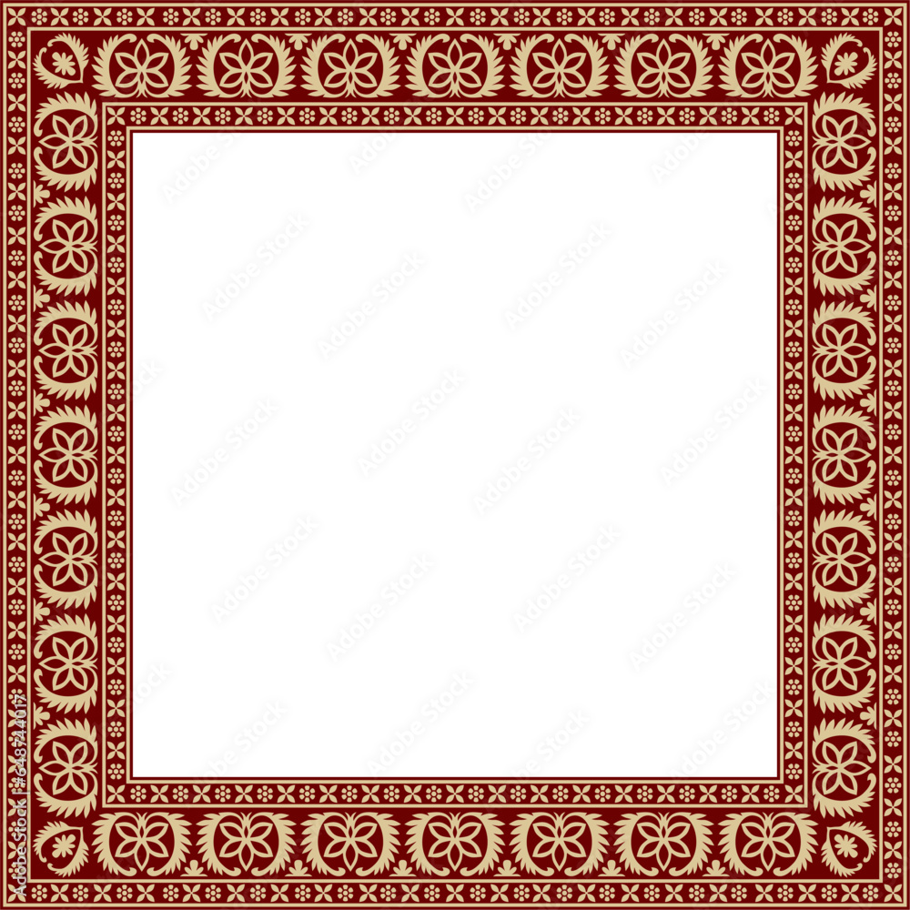 Vector square gold with red Indian national ornament. Ethnic plant border. Flowers frame. Poppies and leaves..