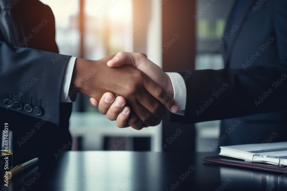 A businessmen shaking hands to seal a deal with his partner lawyers or attorneys discussing a contract agreement. Hands close-up. - obrazy, fototapety, plakaty 