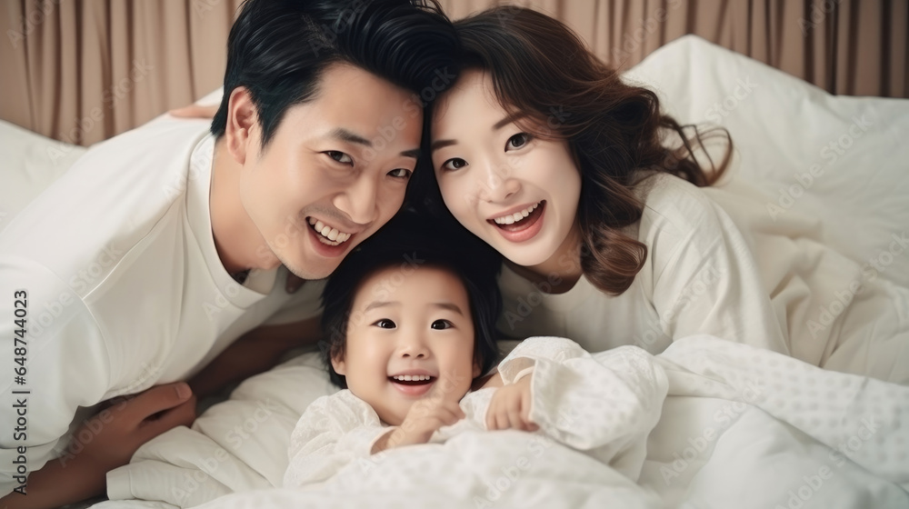 Happy Asian family lying on bed in bedroom with happy and smile, top view