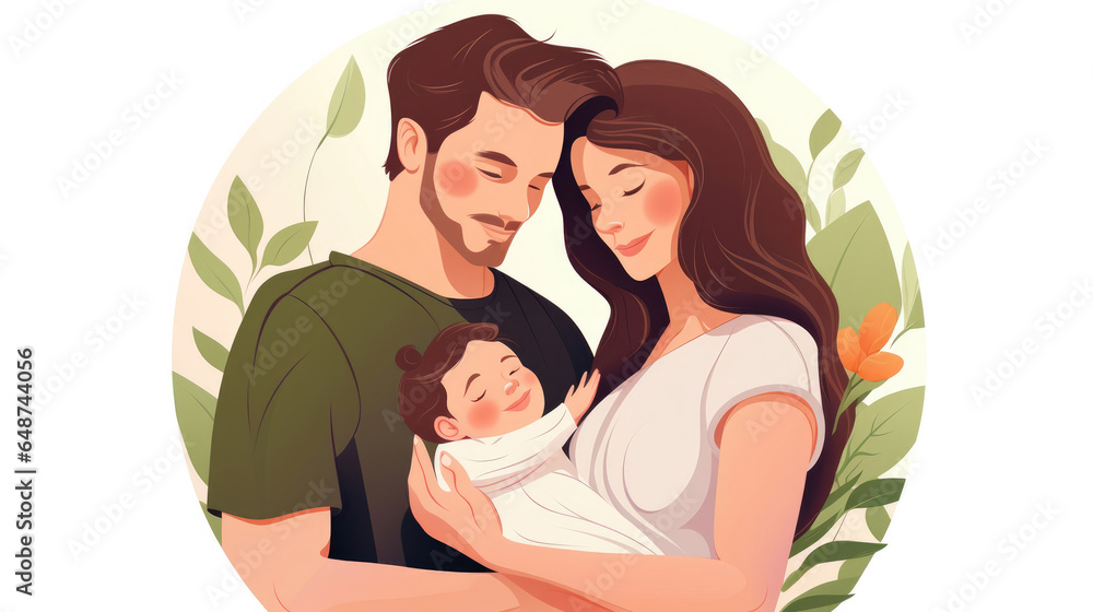 Happy family with newborn baby. Young parents and newborn son in hands. Mother, father holding infant together with love. Parenthood concept. Flat illustration isolated on white background Happy family with newborn baby. Young parents and newborn son in hands. Mother, father holding infant together with love. Parenthood concept. Flat illustration isolated on white background