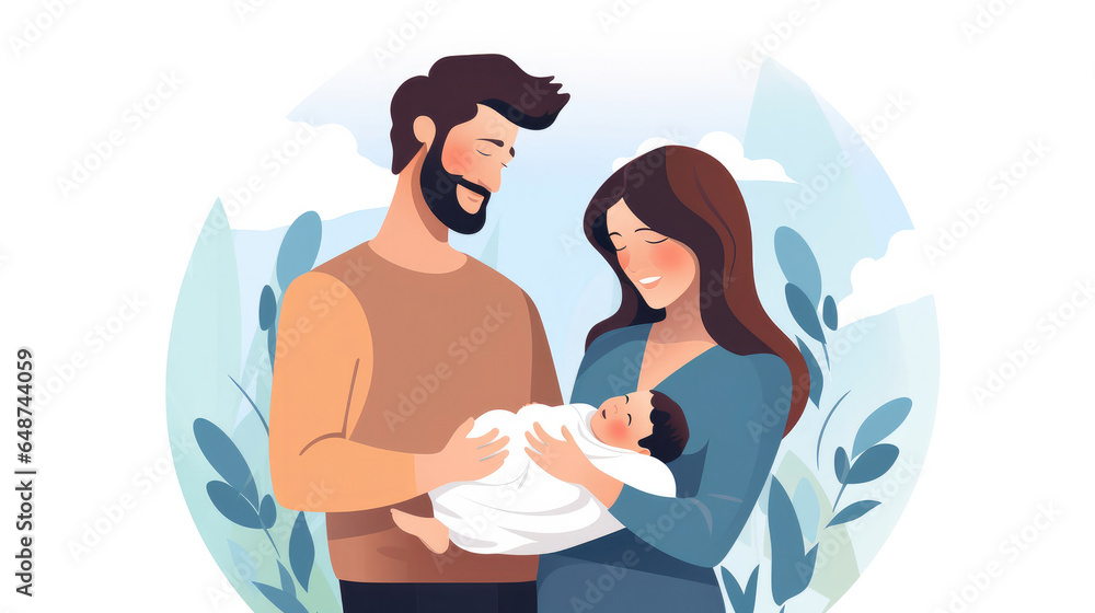 Happy family with newborn baby. Young parents and newborn son in hands. Mother, father holding infant together with love. Parenthood concept. Flat illustration isolated on white background