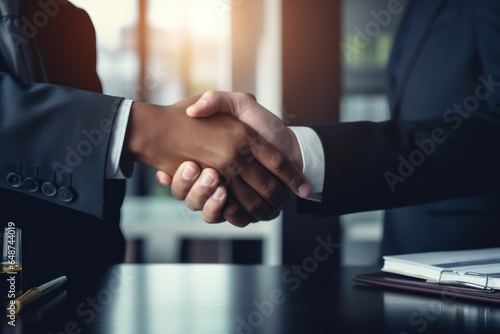 A businessmen shaking hands to seal a deal with his partner lawyers or attorneys discussing a contract agreement. Hands close-up.