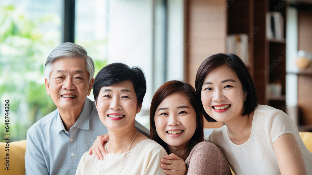 Happy multi-generation Asian family at home. - obrazy, fototapety, plakaty 