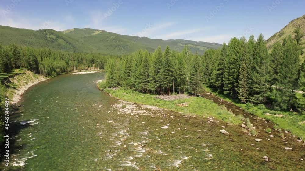Aerial drone video of Altai river Chulyshman. Copter slowly moves along river over water among coastal rocks. Aerial drone video of Altai river Chulyshman. Copter slowly moves along river over water among coastal rocks.