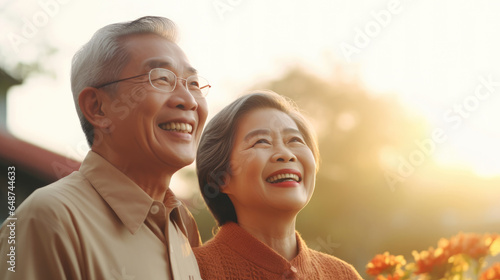 Happy bonding loving Asian middle aged senior retired couple standing near window, looking in distance, recollecting good memories or planning common future