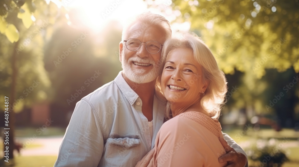 Senior Caucasian couple hugging in park. Family with a happy smile feels relaxed with nature in the morning. Or in the evening. Enter elderly society And retire from work. Concept health insurance Senior Caucasian couple hugging in park. Family with a happy smile feels relaxed with nature in the morning. Or in the evening. Enter elderly society And retire from work. Concept health insurance