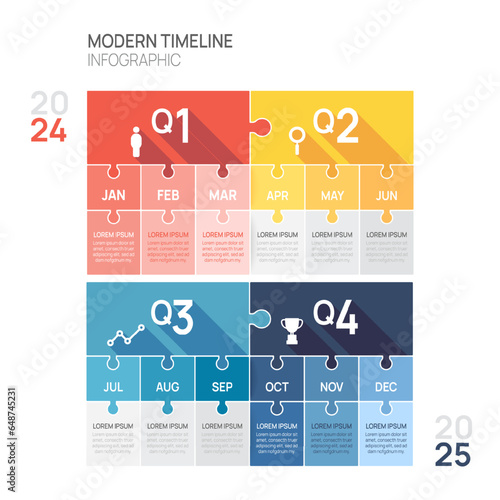 Business road map timeline infographic jigsaw template. Modern milestone timeline diagram calendar and 4 quarter topics, Can be used for vector infographics.