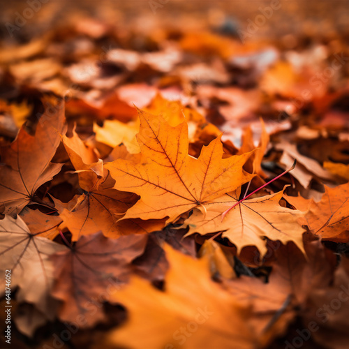 Close Up of Orange Fall Leaves on the Ground, Blurred Background, Generative AI