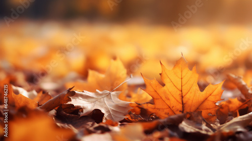 Close Up of Orange Fall Leaves on the Ground, Blurred Background, Generative AI