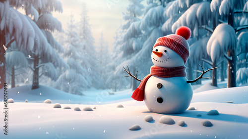 Snowman Smiling Wide Next to Frosted Spruce Trees