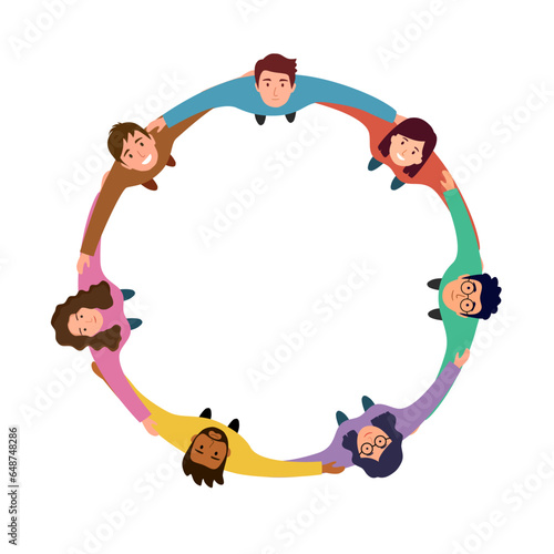 Happy young businesspeople group hug each other holding arms in circle together. Building teamwork top view concept vector illustration. Friendship.