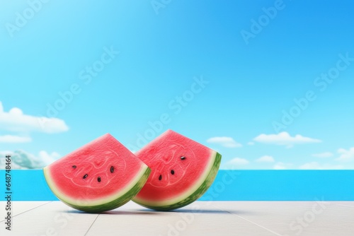 Fresh Watermelon Fruit on Aesthetic Scenery, Juicy Watermelon Sliced on Blue background